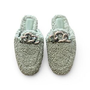 Jeffrey Campbell Women’s Beagle Faux Shearling Teddy Silver Chain Mules Size 7.5